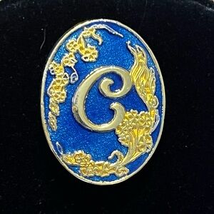 Vintage SH England Hand Enameled Initial C Brooch Blue Enamel Monogram Pin